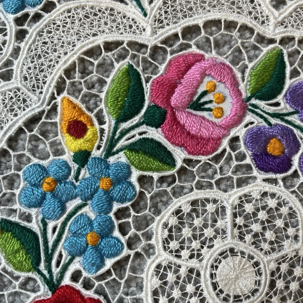 Set of 2 Kalocsa Hungarian Hand Embroidered Doilies Kalocsai Floral Lace Design